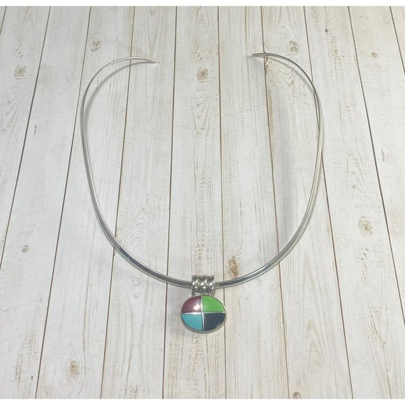 Vintage 925 Choker Necklace Multi Gemstone Pendant Modernist 15 inches - Picture 2 of 7